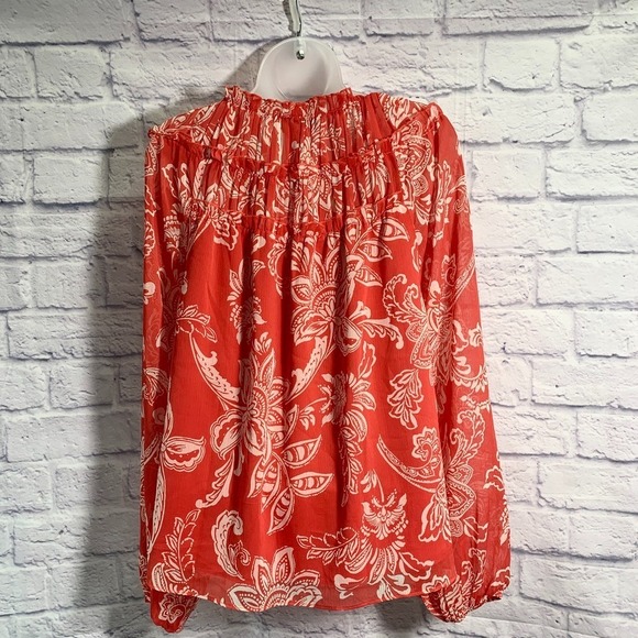 Evereve Womens Med‎ Lined Chiffon Top Blouse Gathered Red Floral 3/4 Sleeve NWT - Picture 2 of 5